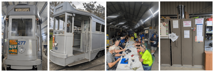 Images of trams, lunch in the shed and the shed organisation